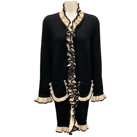 Moschino Sweaters - BOUTIQUE MOSCHINO BLACK / CREAM RUFFLED WOOL KNIT LONG CARDIGAN SWEATER